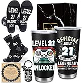 INCOK 21th Birthday Gifts for Him, 5Pcs 21 Year Old Boy Birthday Gift Ideas with 20oz Tumbler, Funny Socks, Keychain, Bracelets, Greeting Cards, 21th Gamer Presents for Male Nephew Boyfriend Brother