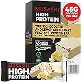 MUSASHI High Protein Bar, 45g Protein, White Chocolate &amp; Lemon Cheesecake | 3g Total Sugars, Post Workout and Protein Snack On The Go, 12 Pack of 3.2oz (90g) Bars