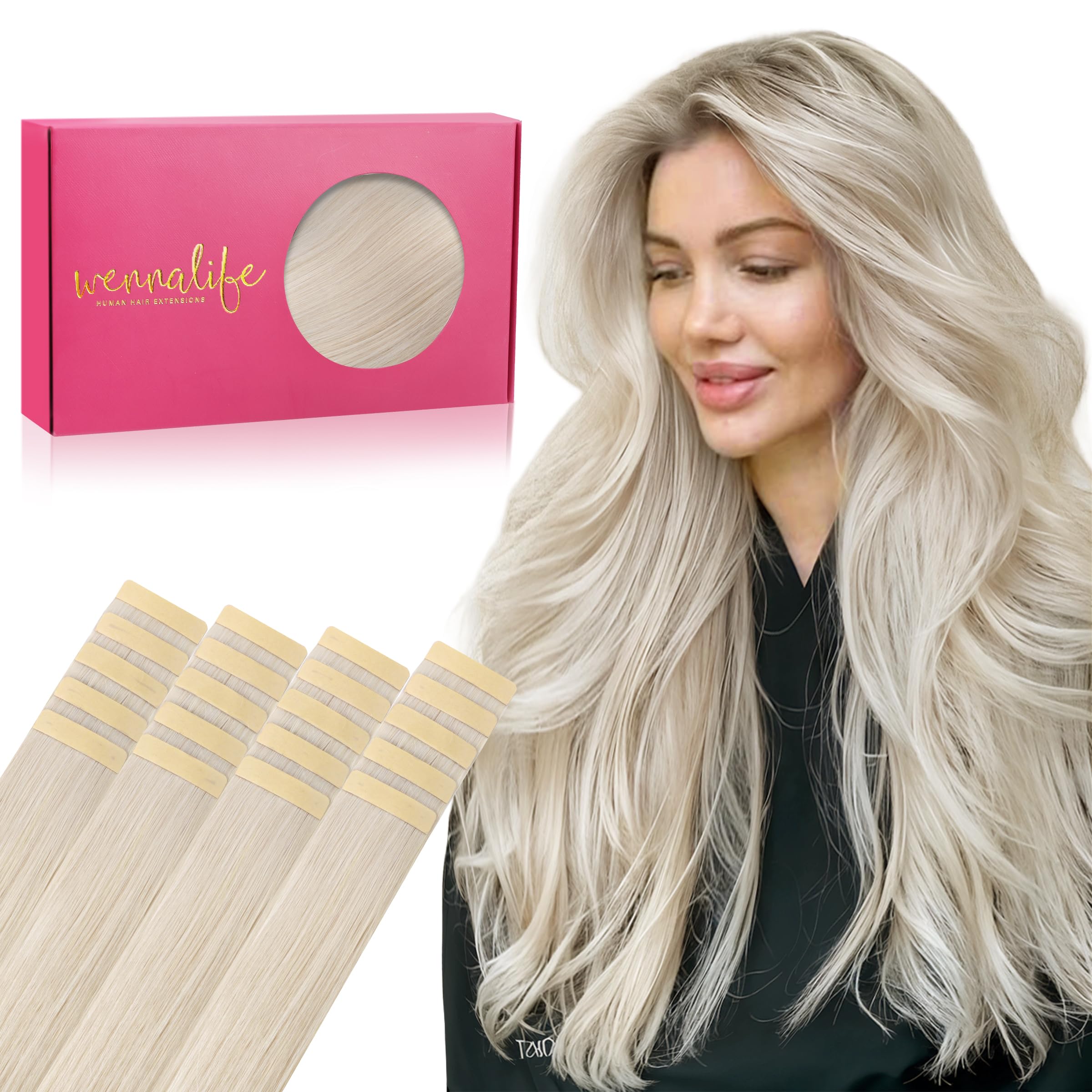 WENNALIFE Tape in Hair Extensions, 20pcs 16 Inch 50g Platinum Blonde Remy Human Hair, Coloured Real Tape Extensions — image 1