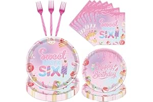 Aposwow Sweet Sassy Six Birthday Decorations, 96PCS 6th Bday Decoration for Girls Paper Plates and Napkins Party Tableware Decor 6 Years Old Forks Supplies Serve 24