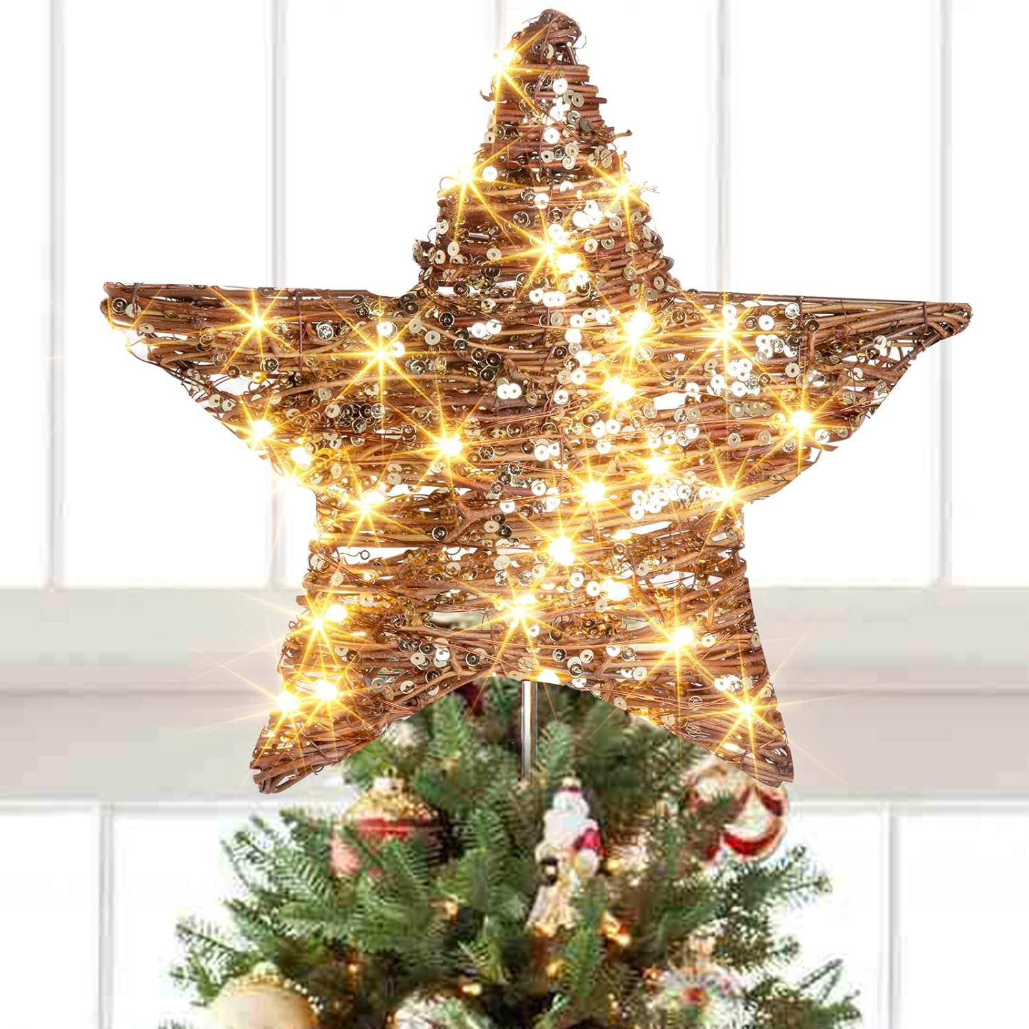 Tree Toppers - EAMBRITE 13.375” 40LT Christmas Rattan Tree Topper, Indoor Rustic Natural Star Treetop