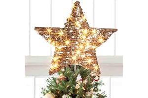 EAMBRITE 13.37” 40 LED Christmas Rattan Tree Topper, Indoor Rustic Natural Star Treetop