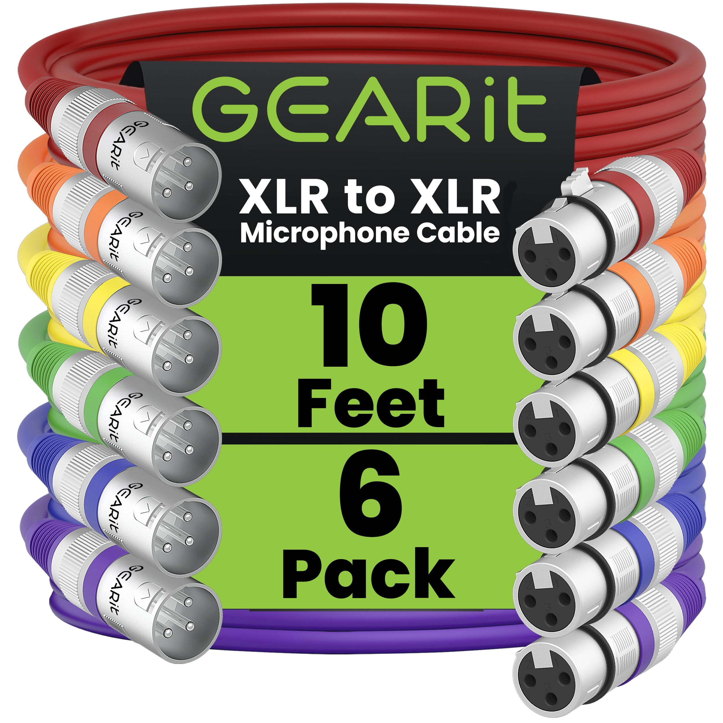 GEARit XLR to XLR Microphone Cable (10 Feet, 6 Pack) XLR Male to Female Mic Cable 3-Pin Balanced Shielded XLR Cable for Mic Mixer, Recording Studio, Podcast - Multi Colored, 10Ft, 6 Pack