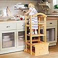 IPOW Learning Stool Toddler Tower, Adjustable Height Kids Step Stool - Bamboo Kitchen Bathroom Counter Helper Montessori Stool Learning Furniture Standing Baking Tower with Safety Rail