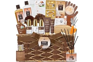 35 Pcs Coconut Vanilla Spa Gift Basket for Women & Men, Face Skin Care Set, Bath & Body Set, Self Care Pamper Kit, Diffuser, 