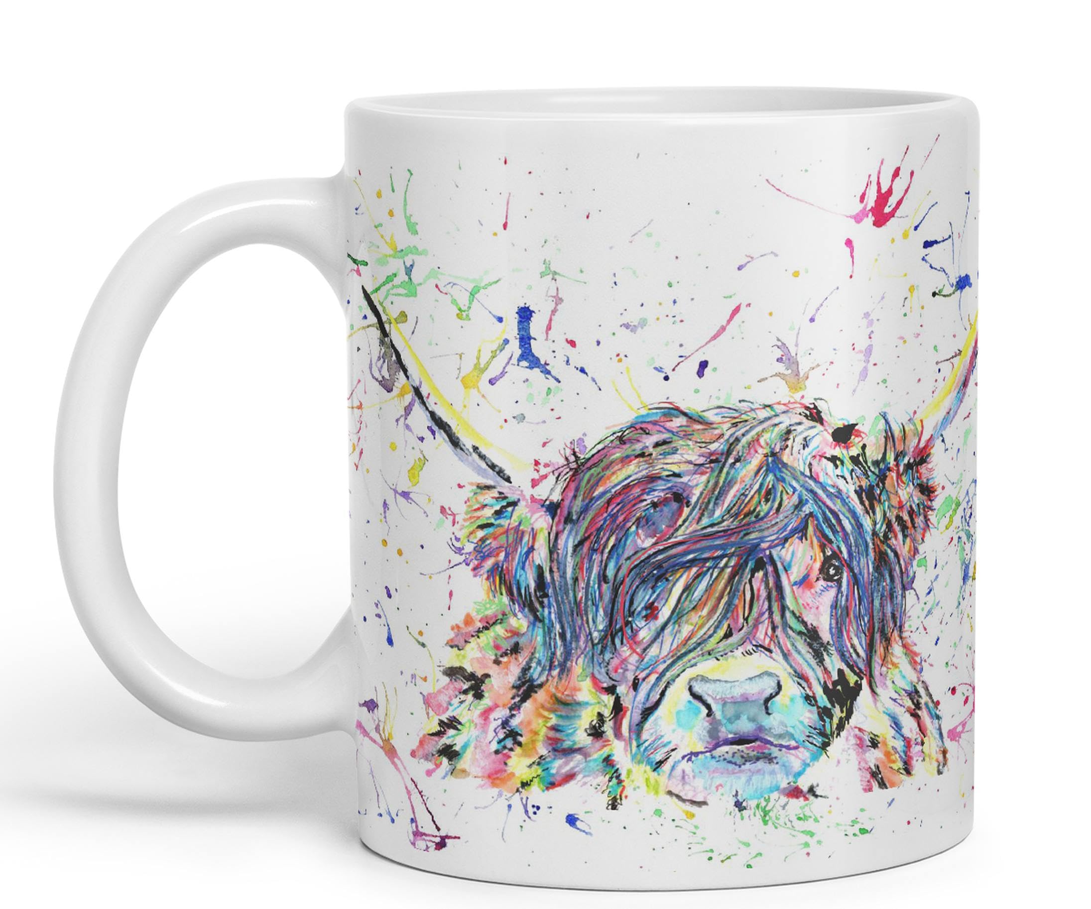 Vixar Highland Cow Scottish Farm Animal Watercolour Rainbow Art Coloured Mug Cup, Gift, Birthday, Work, Office, Christmas Tea Coffee (White)