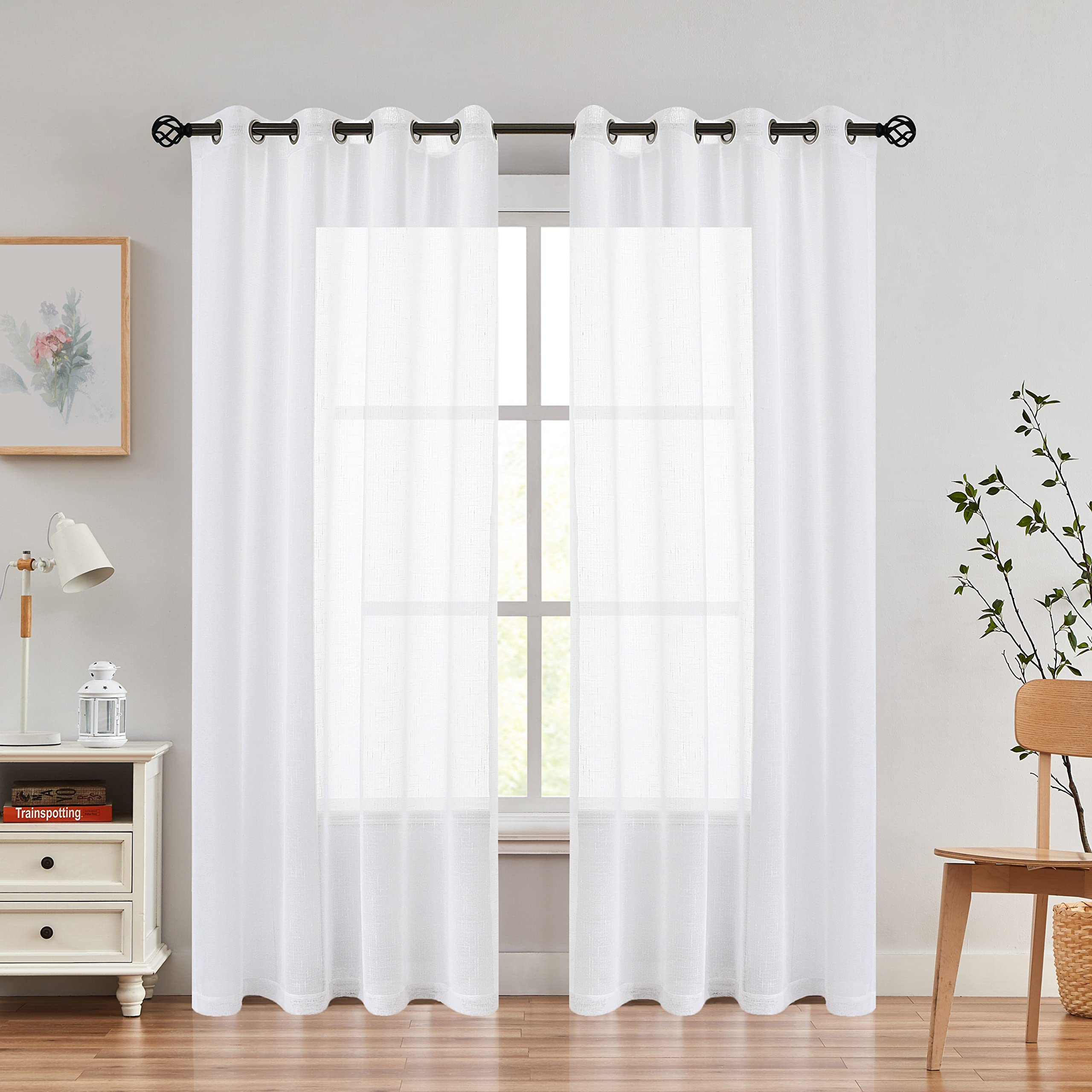 Photo 1 of Randall Snow White Linen Sheer Curtain Panel Sets of 2 with Eyelets Open Weave Faux Linen Window Treament for Living Room Bedroom Farmhouse, Elegant Nickel Grommet Top-54x84 Inch