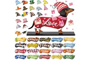 Anglechic 42 Pcs Interchangeable Christmas Dachshund Gifts Holiday Wiener Dog Decor Seasonal Welcome Sign Tier Tray Decoration Ornament Farmhouse Wood Home Office Desk Accessories for Women Pet Lover