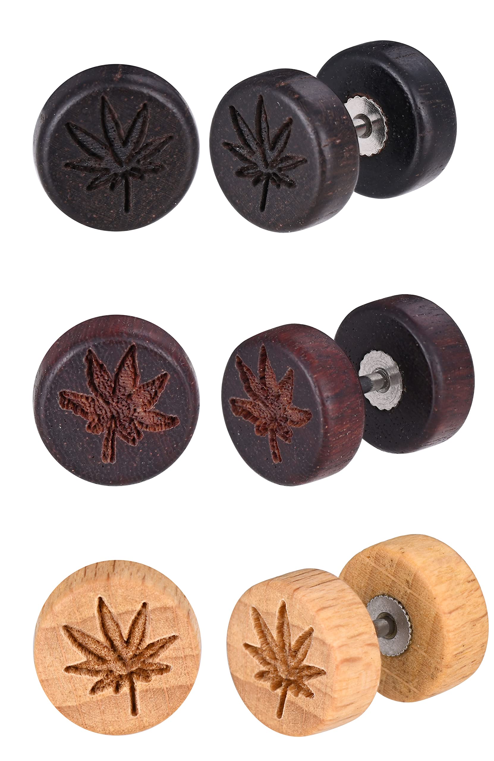 Feilok 3 Pairs 10mm Stainless Steel Maple leaf wood Huggie Hoop Stud Mens Earrings Set Piecing Jewellery for Women Men