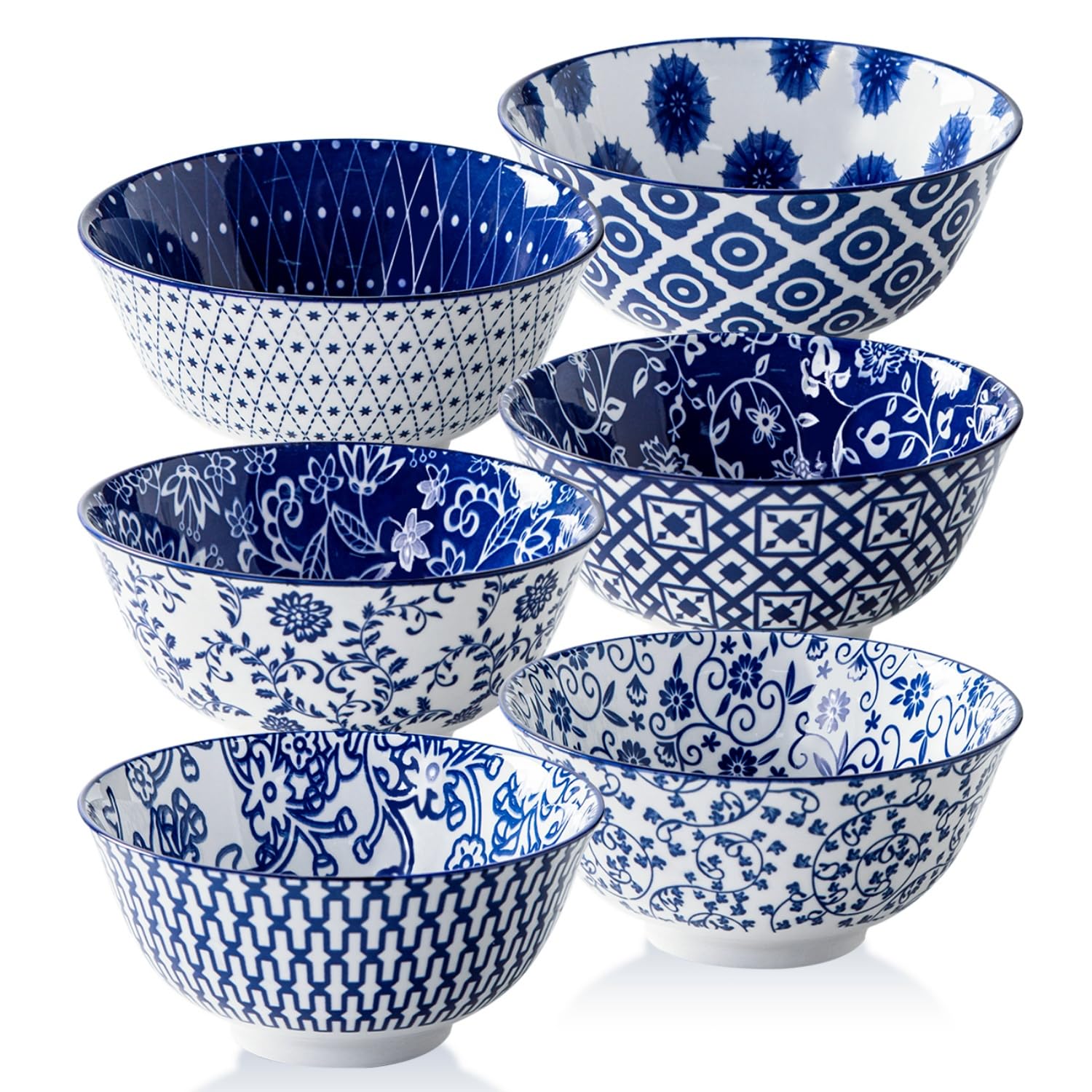 Cerkik Ceramic Soup Bowls Set - 709 ml Deep Cereal Bowl Porcelain - 24 oz Large Kitchen Dinner Bowl Eating Salad Pasta Dessert Noodle Rice Oatmeal - Microwave Dishwasher Safe - Set of 6 - Vintage Blue