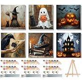 LWZAYS 6 Pack Halloween Paint by Numbers Kit for Adults with Frame, Easy Horror Paint by Number for Adults Beginner with Wooden Easel, DIY Painting by Numbers Canvas Framed for Home Decor 8 x 8 Inch