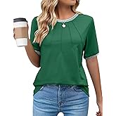 Kopinma Womens Dressy Top Summer Short Sleeve Shirts Crew Neck Casual Business Pleated Blouses Striped Color Block Tops