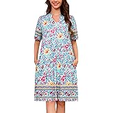 Womens Nightgown Short Sleeve House Dress with Pockets Floral Print Mumu Dress Casual Loose S-3XL