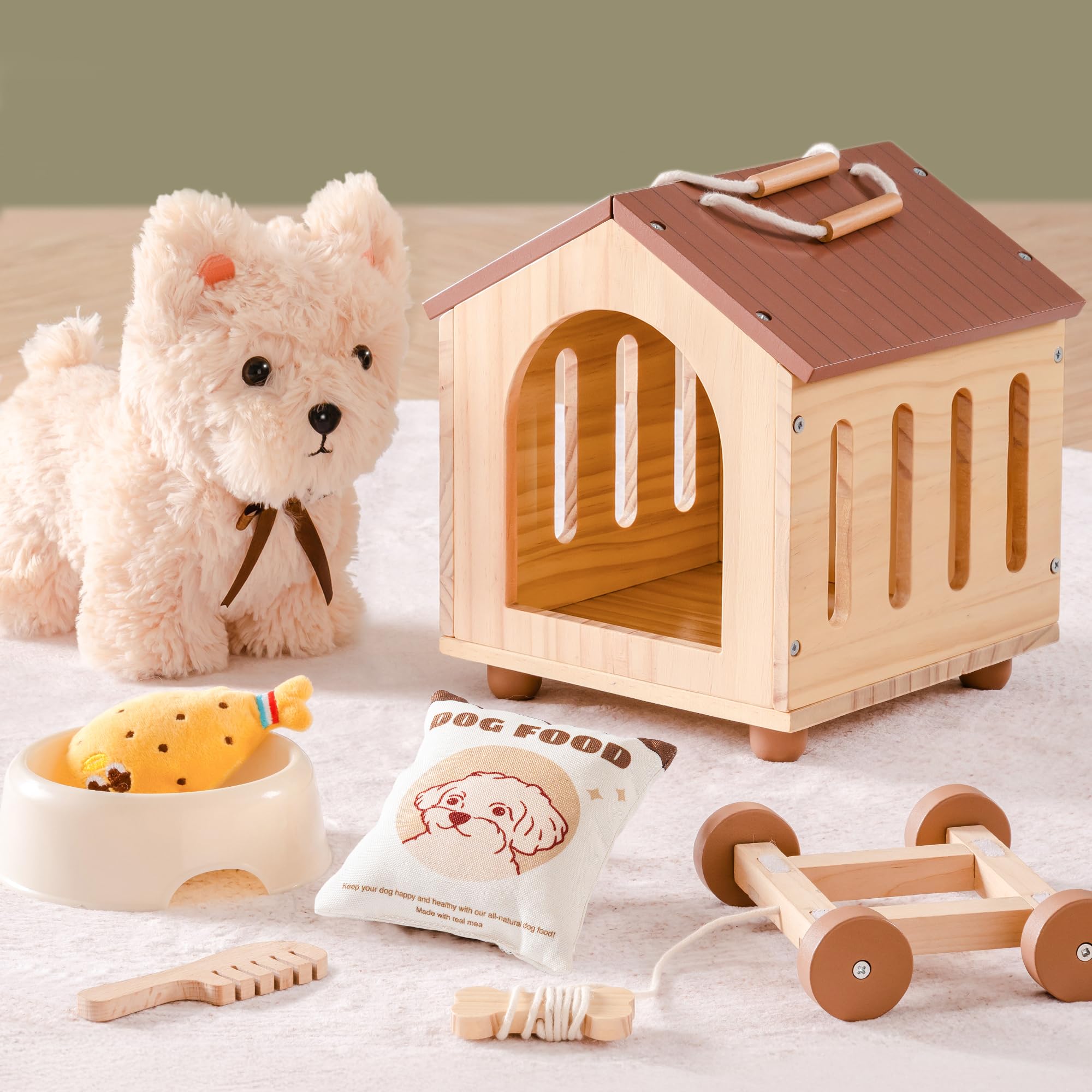 ROBOTIME Dog Pull Along Toy with Removable Wheels, Soft Cuddly Dog Toy with Wooden Dog House, Dog Food Bowl, Plush Drumstick, Wooden Comb, Interactive Pretend Play Set for Toddlers 2 Years+