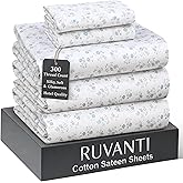 RUVANTI 100% Cotton Sheets Split King Size Bed Set - 300 Thread Count Silky Soft Sateen Weave, Cooling, Lightweight & Breathable, 16" Deep Pocket, Durable & Luxury Satin-Like, 5 Piece, Blooming Stamp