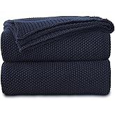 Longhui bedding Dark Navy Blue Cotton Cable Knit Throw Blanket for Couch Sofa Bed, Lightweight Home Decorative Throws, Bonus Laundering Bag, 60 x 80 Machine Washable