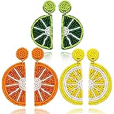 3 Pairs of Beaded Fruit Earrings Set for Women, Handmade Beads Summer Fruits Dangle Earrings, Lemon Watermelon Strawberry Statement Earrings for Jewelry Gifts