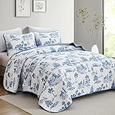 Yiran Queen Blue Quilt Set French Country Toile Bedding for All Season 3 Piece Farmhouse Village Soft Microfiber Botanical Leaves Bedspread Coverlet with 2 Pillowcases 96"x90"