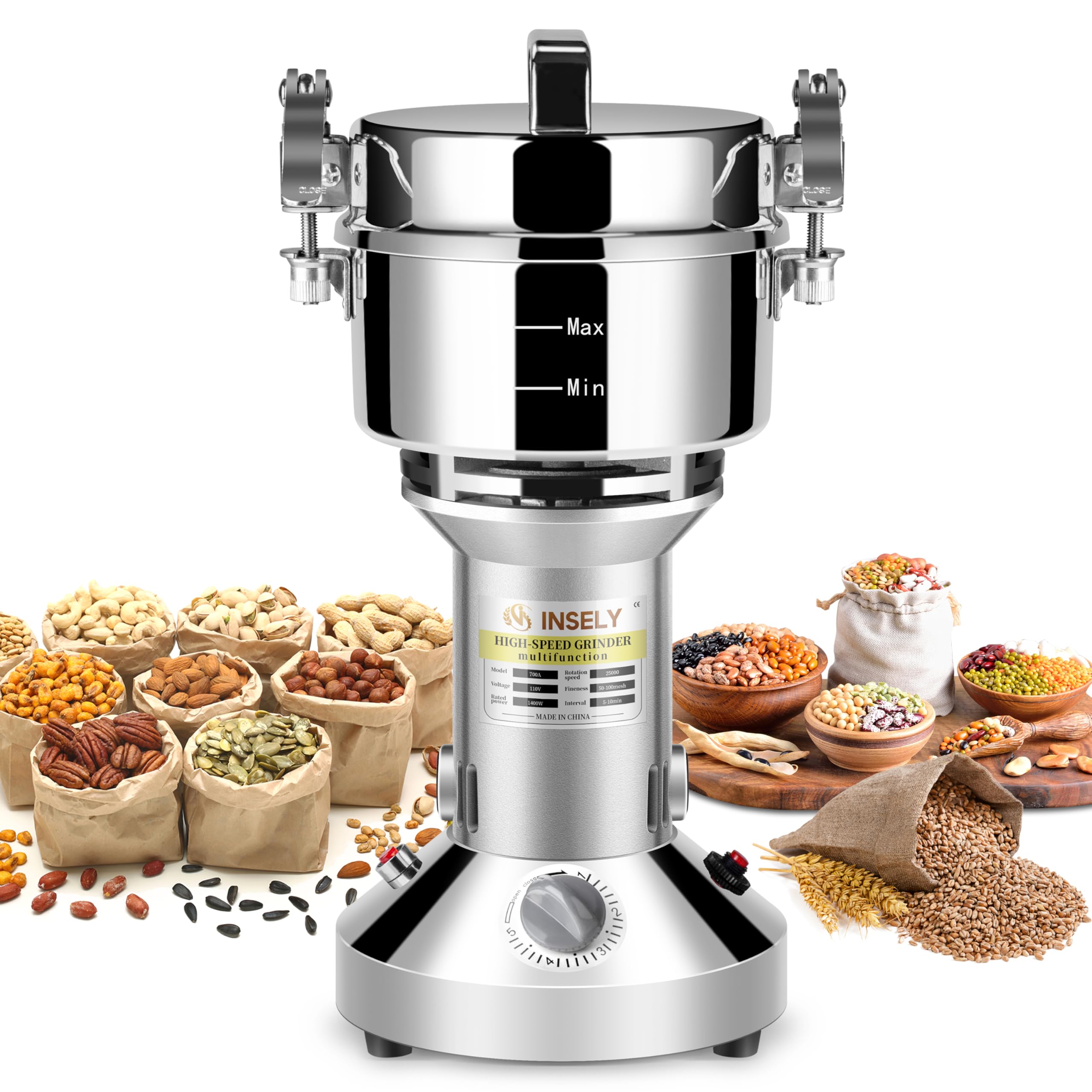 Photo 1 of INSELY 700g Grain Mill Grinder High Speed Food Grain Mill Stainless Steel Seeds Flour Nut Pill Wheat Corn Herbs Spices & Seasonings Dry Grinder Electric Machine Grinder for Kitchen