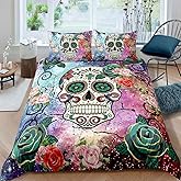 Feelyou Sugar Skull Comforter Cover Set - Queen Size Teen Girl Bedding Set with Sugar Skull Decor, Skeleton Roses Floral Print Duvet Cover & Decorative Soft Bedding Cover with Zipper (3 Pcs)