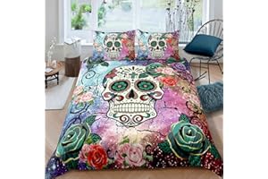 Feelyou Sugar Skull Comforter Cover Set Queen Size Teen Girl Bedding Set Sugar Skull Decor Bedding Skull Bones Skeleton Roses Floral Print Duvet Cover Decorative Soft Bedding Cover Zipper 3 Pcs