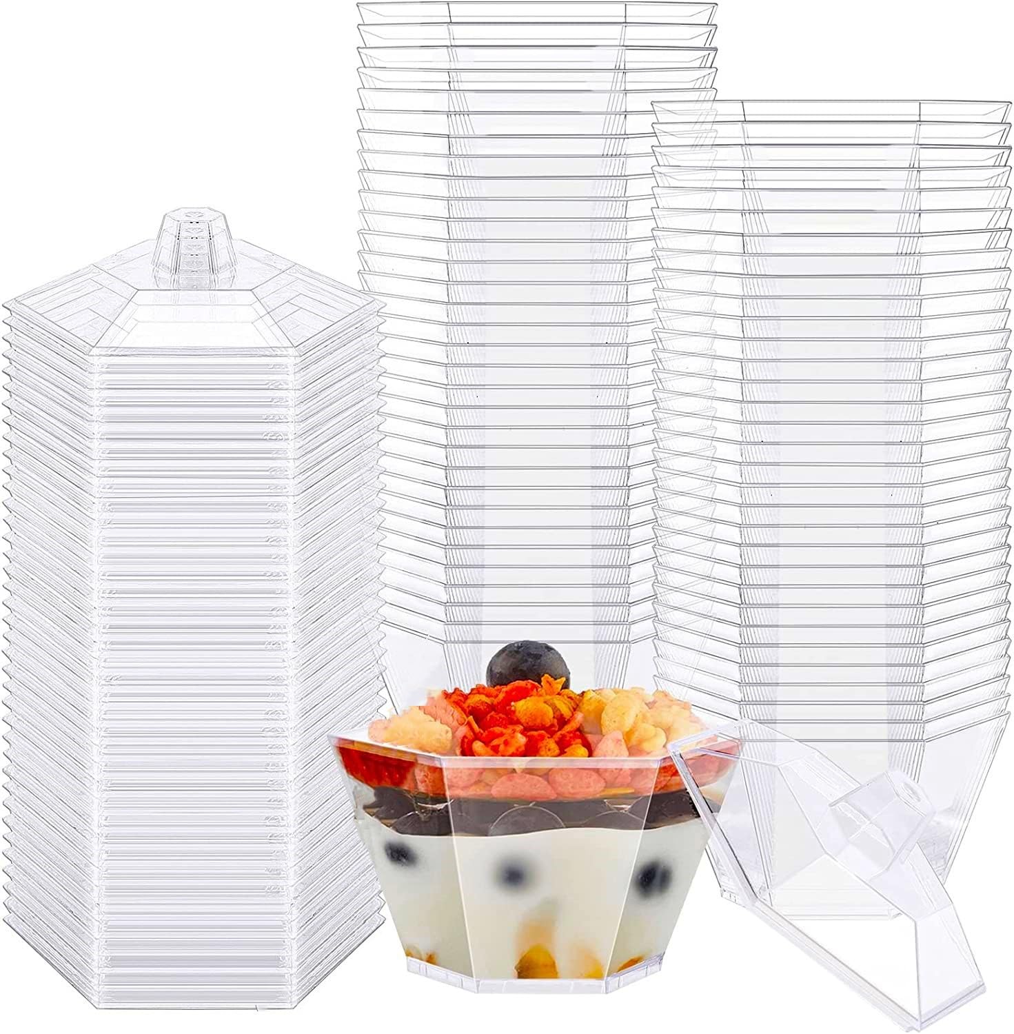 LATERN 50Pcs Plastic Dessert Cups with Lids, 100ml Mini Hexagon Dessert Cups Clear Parfait Appetizer Cup Reusable Serving Bowl with Lids for Dessert Pudding Mousse Party (7.5cm x 4.5cm)