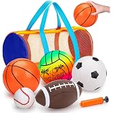 Qirptey 5 Pack Sports Balls Set for Boy Outdoor Kids Toys with Bag &amp; Pump | Bouncy Balls for Kids Sport Football Soccer Basketball Set Outside Playground Toy Kids Boys Christmas First Birthday Gifts