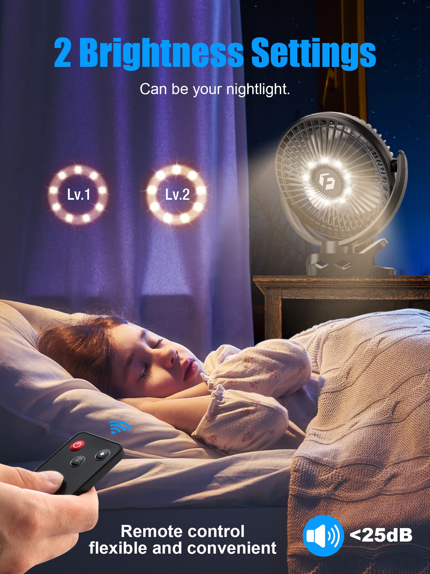 FRIZCOL 12000mAh 8 Inch Portable Clip On Fan Rechargeable, Battery Operated Desk Fan, Camping Fans with lights and Remote, USB Fans Sturdy Clamp for Golf Cart Desk Office Stroller Bedroom Tent