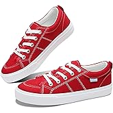 Obtaom Women's White Play Fashion Sneakers Cute Lace up Canvas Shoes Low Top Washed Canvas Flat for Lady