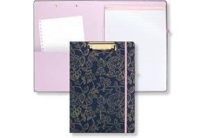 STEEL MILL AND CO. Steel Mill & Co Cute Clipboard Folio with Refillable Lined Notepad and Interior Storage Pocket, Metallic Gold Floral Padfolio for Work, Navy Floral
