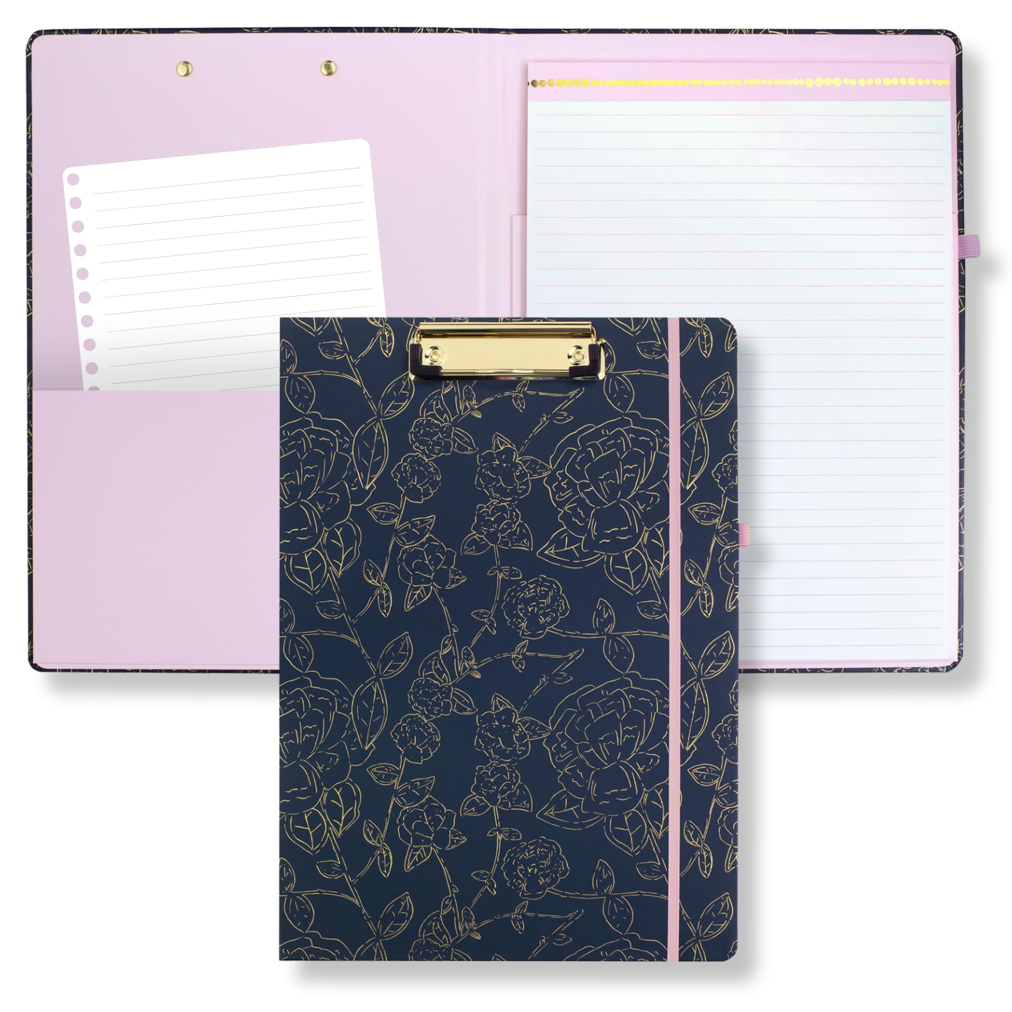 Steel Mill & Co Cute Clipboard Folio with Refillable Lined Notepad and Interior Storage Pocket, Padfolio for Work, Navy Floral