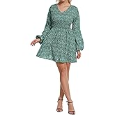 YETANLID Women's Floral Dresses Boho A-Line V Neck Long Sleeve Smocked High Waist Flowy Swing Casual Fall Mini Dress