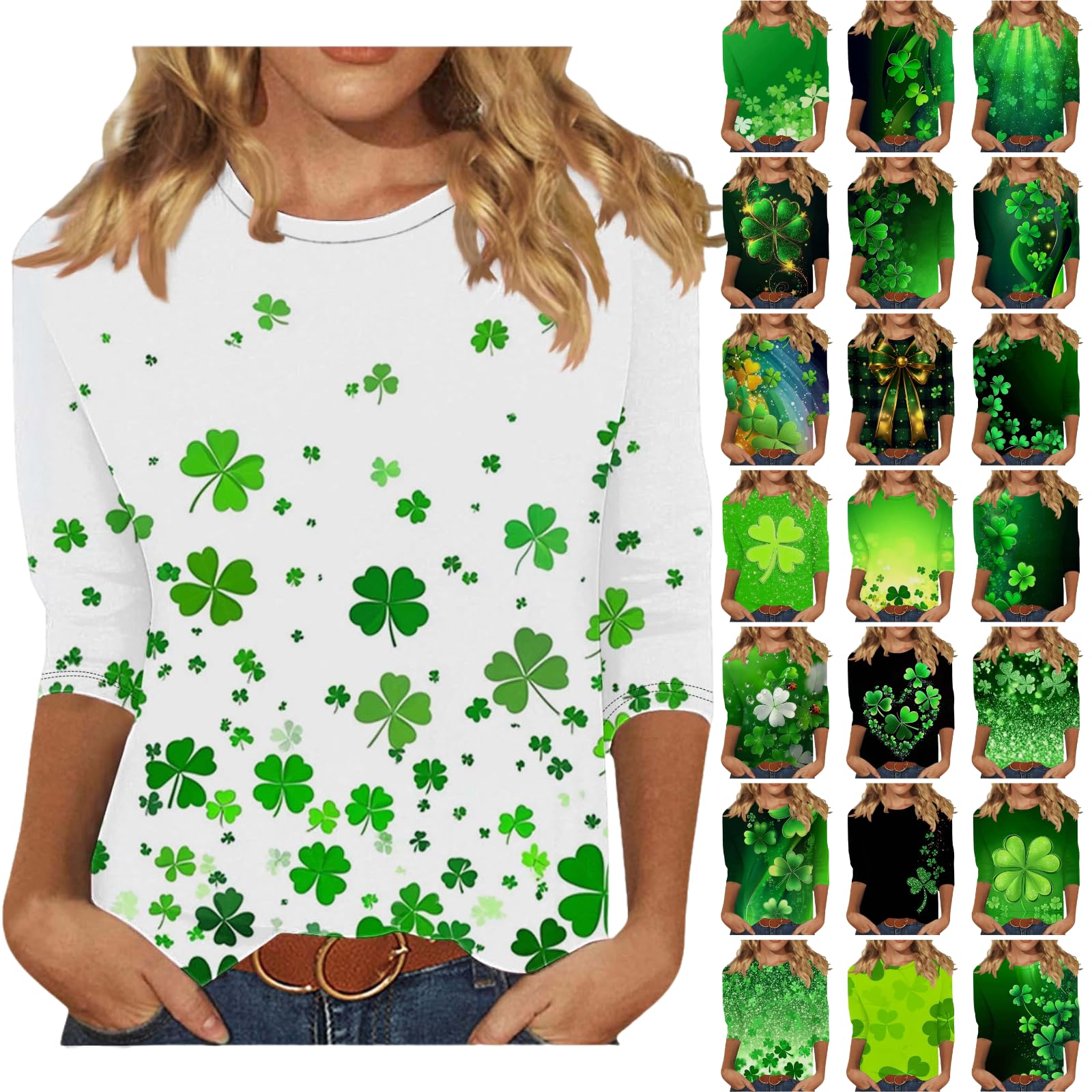 St Patricks Day Shirt Women Green Shamrock Irish Shirts 3/4 Length Sleeve Print Tops Funny Graphic Tshirts