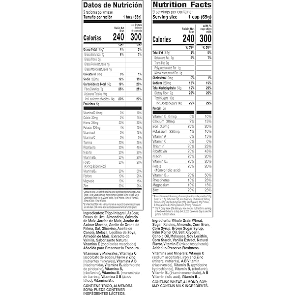 RAISIN NUT BRAN CEREAL, HIGH FIBER CEREAL, MADE WITH WHOLE GRAIN, 20.8 OZ