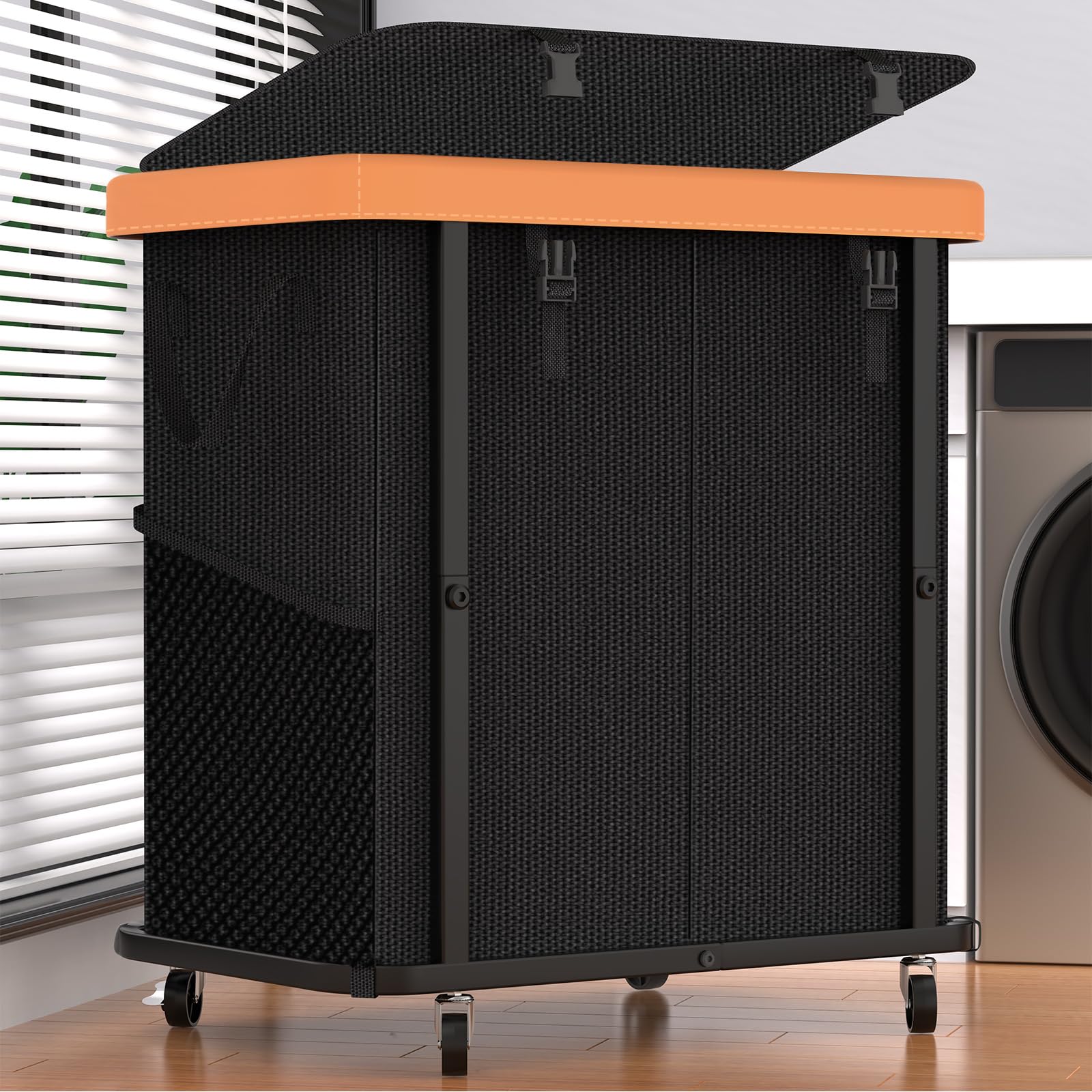 Photo 1 of 190L (50 Gal) Large Fashion Laundry Basket with Wheels, Leather Patchwork Rolling Hamper Carts, Sturdy Metal Frame, Removable Washable Bag, Tall Clothes Sorter for Bedroom - 2 Setion Black