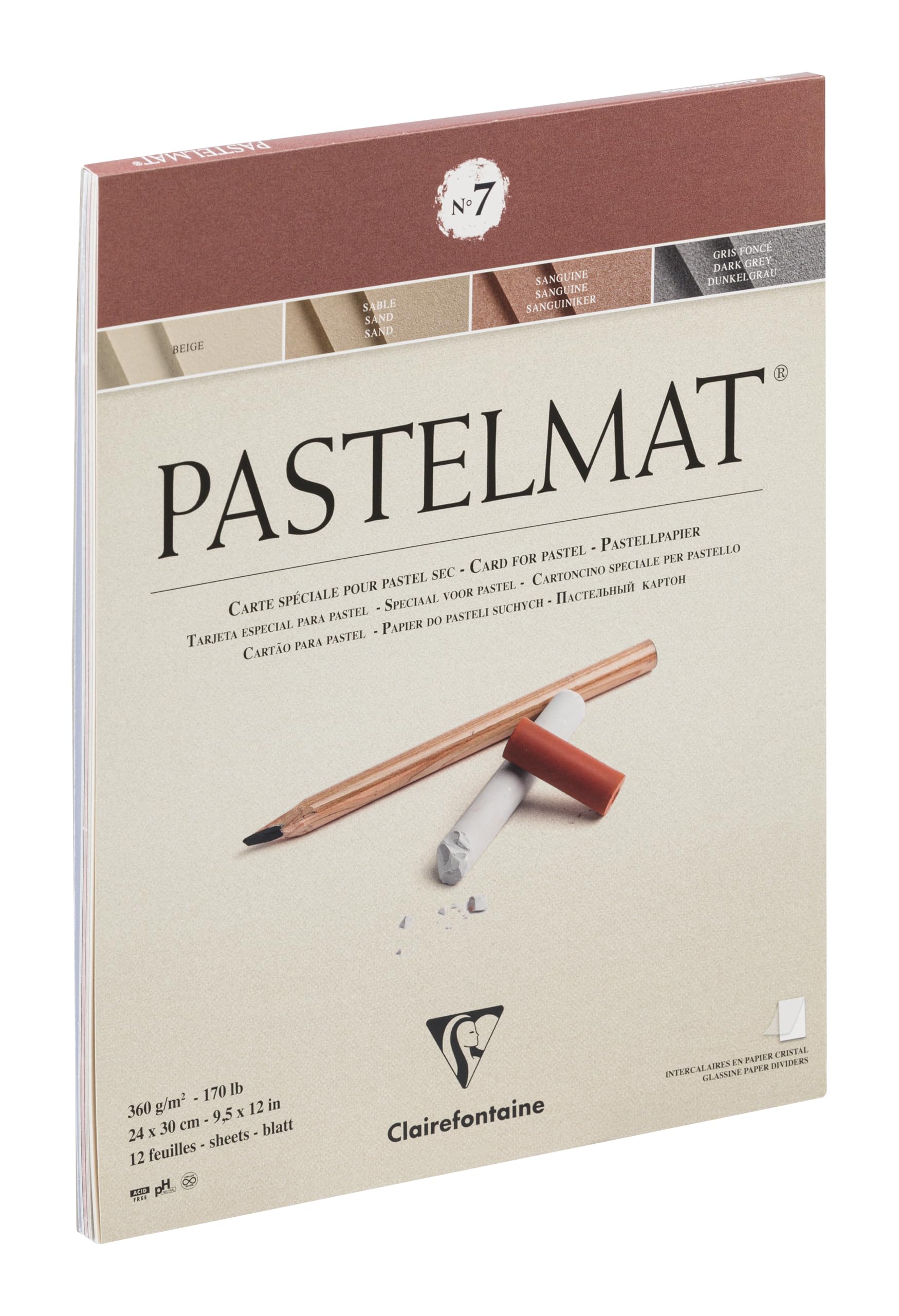 Clairefontaine 96053C Pastelmat Glued Pad No. 7 - 12 Sheets of Special Paper for Dry Pastels - 24x30 cm 360g - 4 Assorted Colours - Crystal Paper Dividers