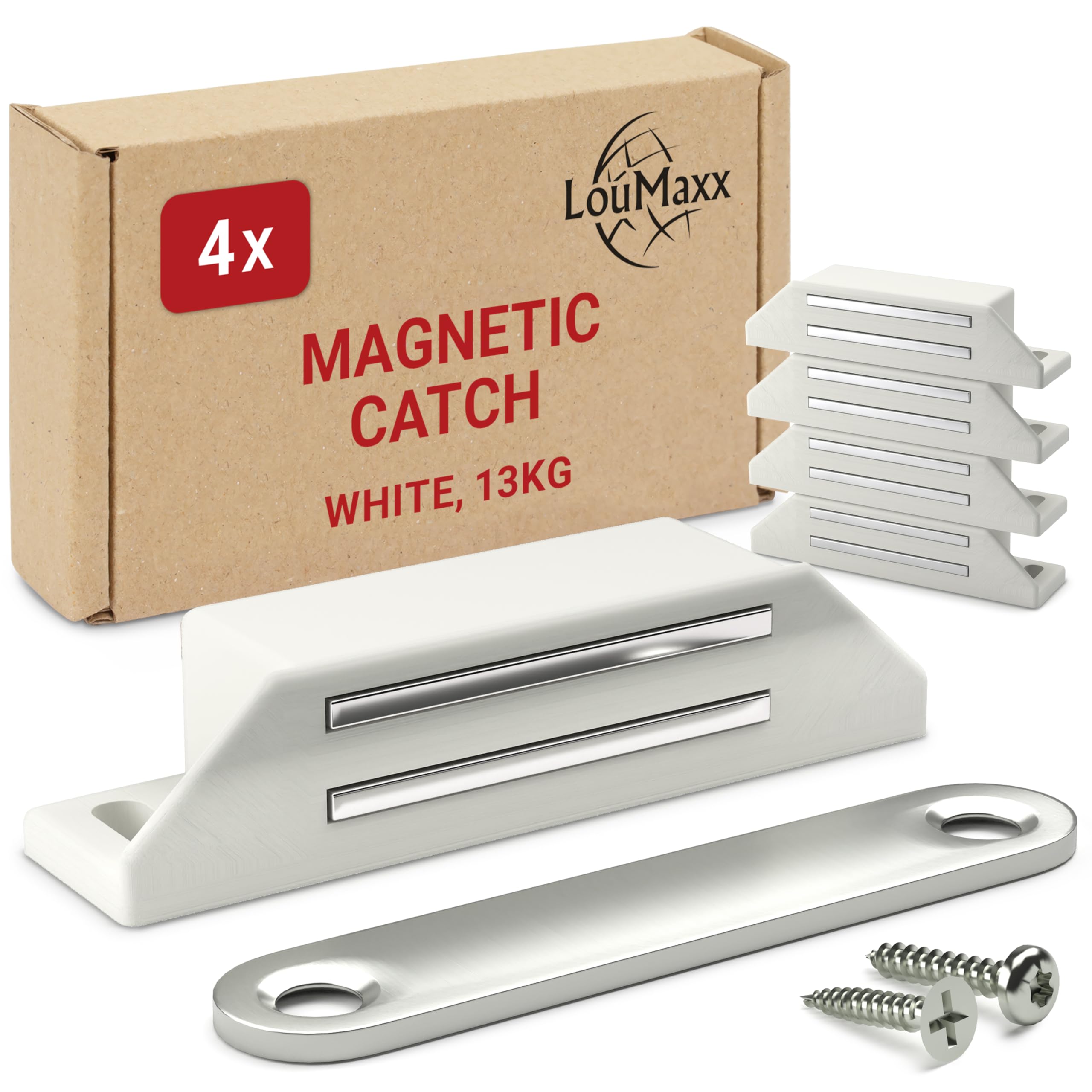 LouMaxx 4 Pack Extra Strong Magnetic Catch - Hold Force 13kg - 4 Pack Door Magnets - Magnetic Closer