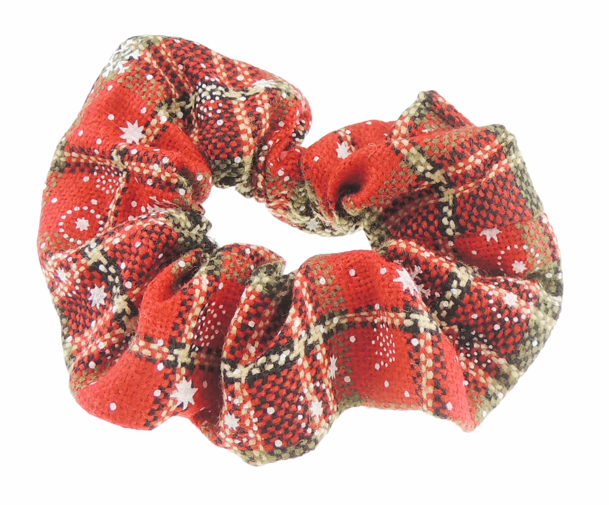 Festive Womens Girls Fabric Snowflake Tartan Plaid Tinsel School Christmas Party Bag Ponio Rope Hair Tie Up Back Elastic Accessories Bobbles Ponytail Holder Rubber Bands Scrunchie (Red Beige Stars)