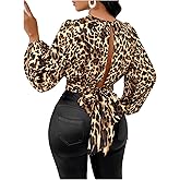 SweatyRocks Women's Leopard Print Crop Tops Cut Out Tie Back Bishop Long Sleeve Blouse