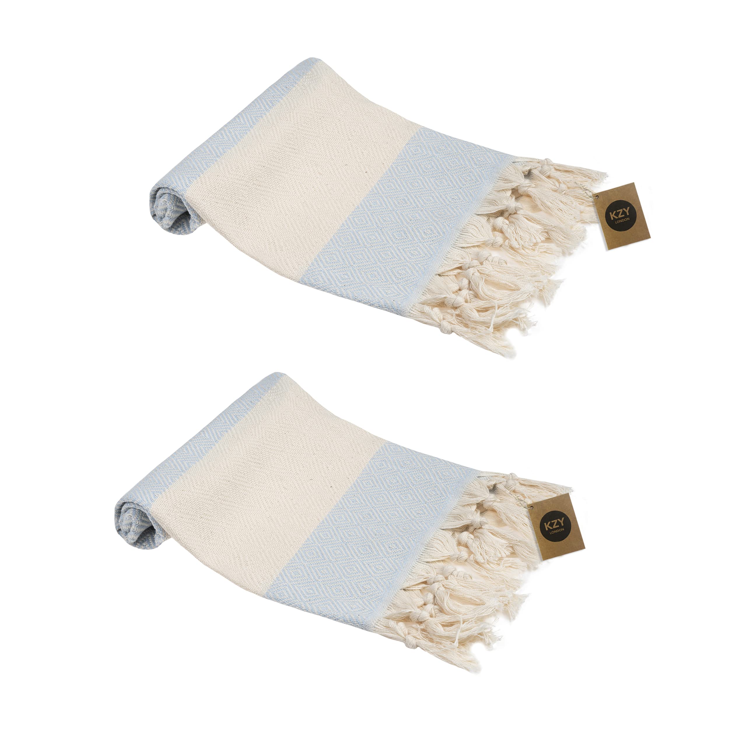KZY LONDON Turkish Hand Towel Set of 2 - Towel for Kitchen and Bathroom - 50x100cm, 18,5x40 Inches - Prewashed Absorbent Peshtemal Decorative Towel for Face, Hand, Hair, Gym, Travel (Sky Blue)