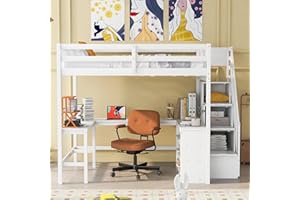 BIADNBZ Full Size Loft Bed with Built-in Desk and Stairs Storage, Wooden High Loftbed Frame with 3-Tier Shelves and Staircase, for Kids Teens Adults Bedroom, White