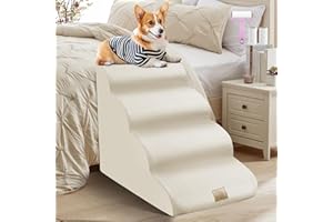 Mestuel Dog Stairs for High Bed 20''H, Dog Stairs for Small Medium Large Dogs Cats, Foam Pet Stairs Ramp Indoor with Non-Slip Bottom, 4-Tier Dog Steps Hold Up to 60 lbs, Lint Roller, Beige