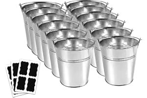 WWONGXIANB 12 Metal Buckets with Chalkboard Stickers, Small Galvanized Pail for Party and Wedding, 5 Inch Tin Buckets, Garden Planters, (tie Tong)