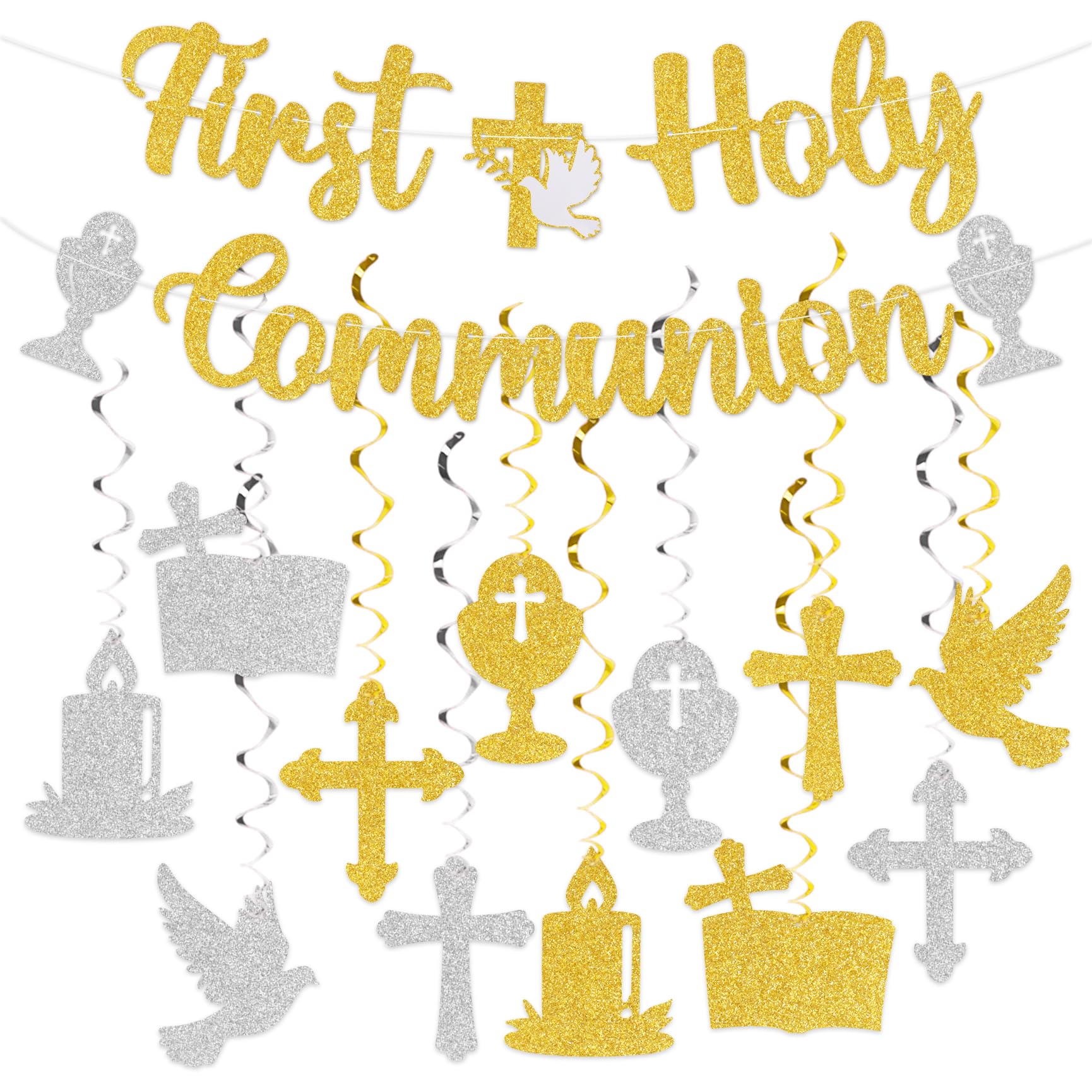 First Communion Decorations Set First Holy Communion Banner Cross Hanging Swirls Decorations for Outdoor Indoor Background Communion Confirmation Decor