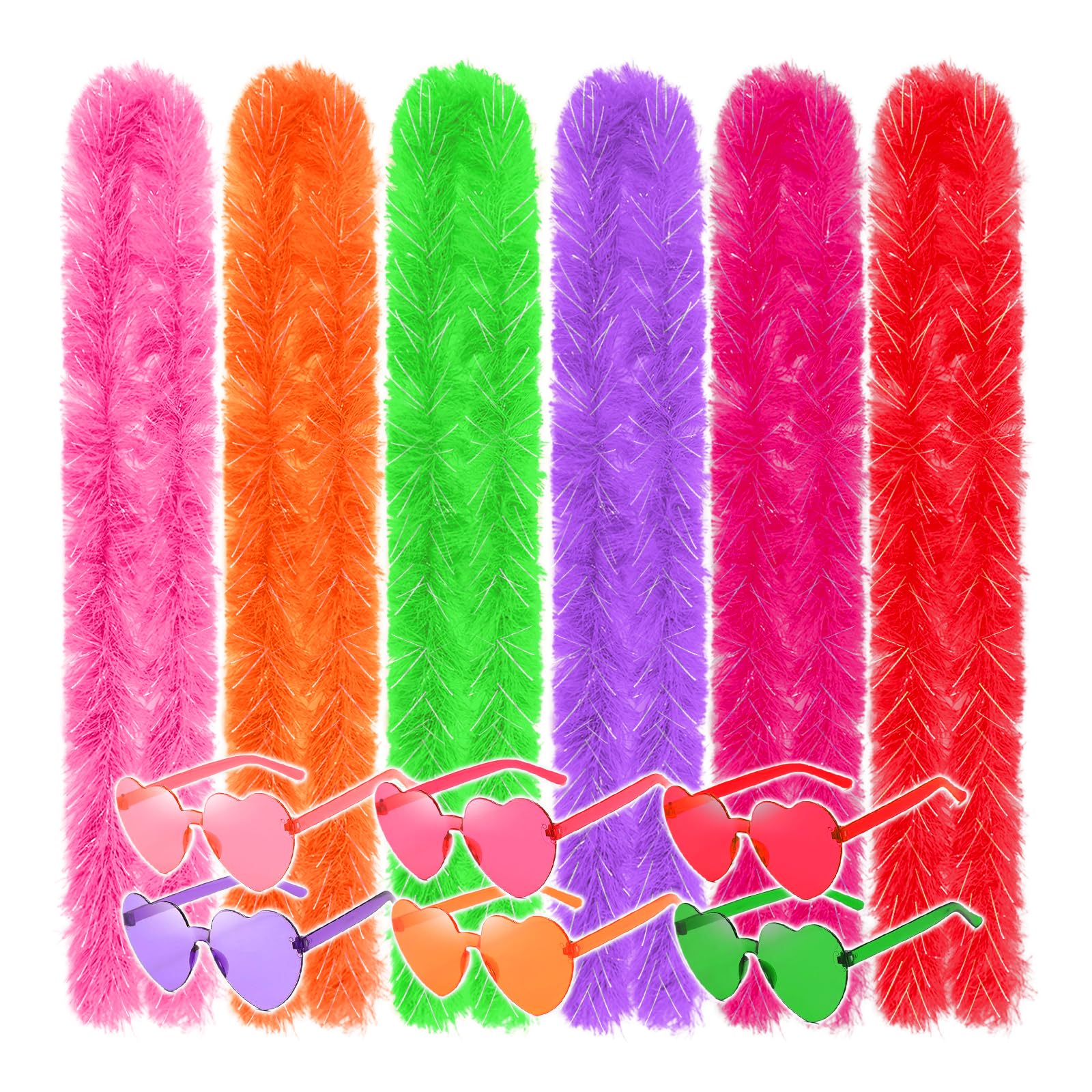 12Pcs Colorful Fancy Dress Feather Boa Set, 6.6ft Feather Boa with Heart Rimless Sunglasses for Women, Artificial Fluffy Boa Decorations wit for Dancing Wedding Party Cosplay Halloween β image 1