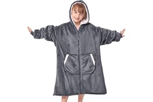 JOYWOO Kids Wearable Blanket Hoodie, Oversized Sherpa Hooded Blanket Birthday Christmas Gifts for Girl Boy, Cozy Sweatshirt Blanket with Giant Pocket and Zipper, Gray