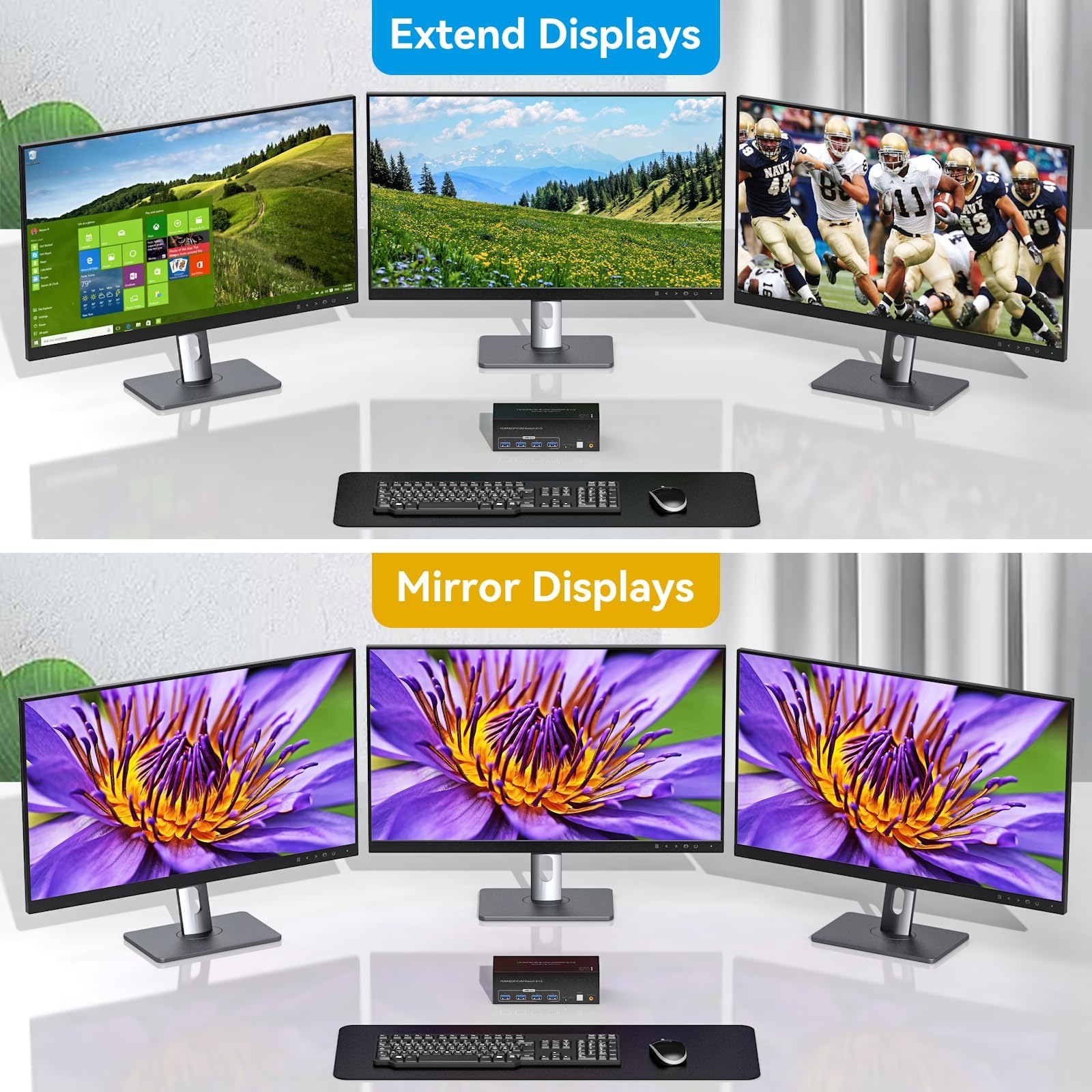 VPFET 2 Displayport HDMI KVM Switch 2 PC 3 Monitore 4K144Hz 8K60Hz Triple Monitor KVM Switches für 2 Computers Share 3 Monitore mit 4 USB 3.0 Ports Inklusive 2 USB 3.0 Kabeln und Externer Steuerung 3