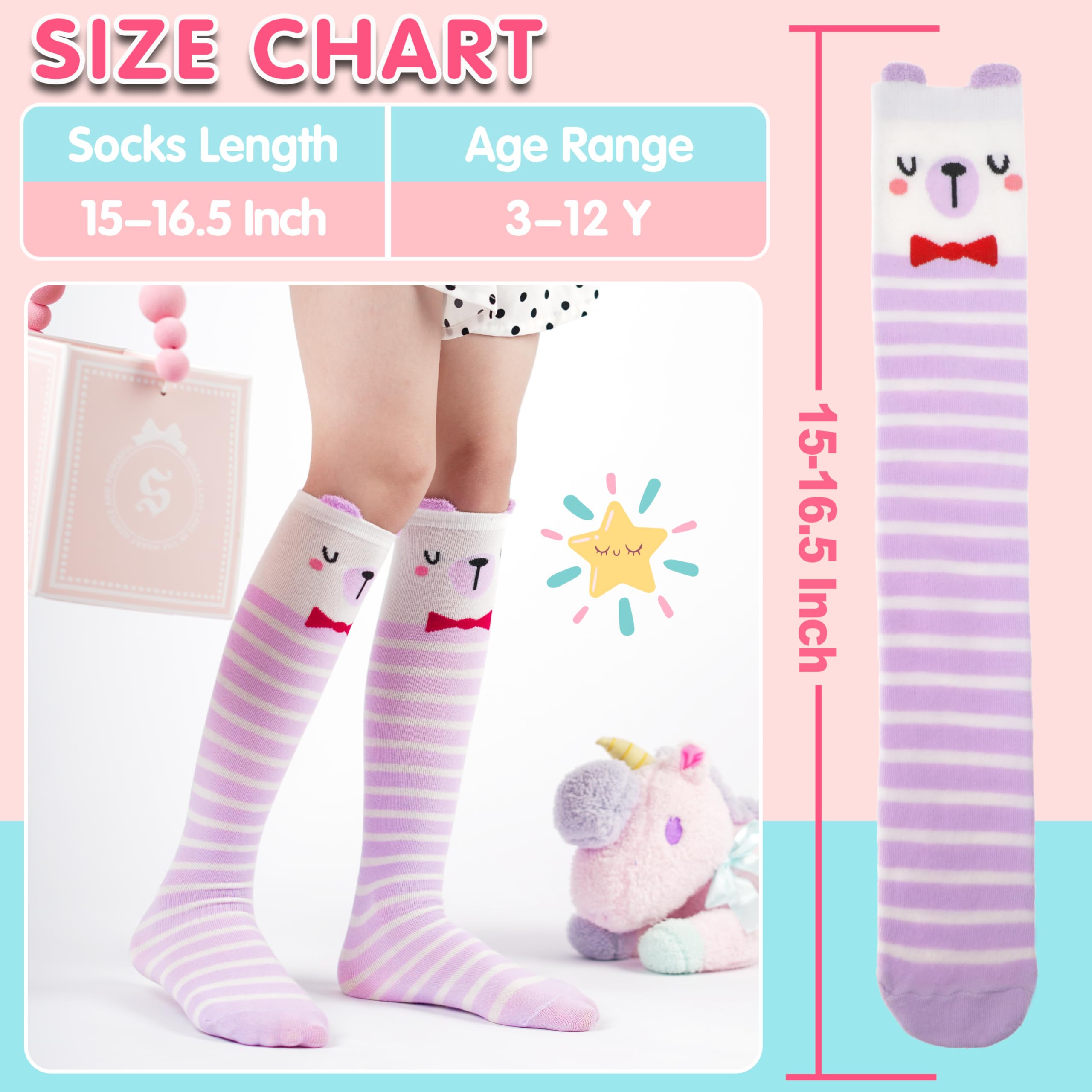 MOGGEI 6 Pairs Kids Girls Knee High Socks Gift Long Crazy Silly Tall Funny Boot Cute Animal Child Fun Socks