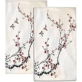 SAYOUZ Red Plum Bath Hand Towels Set of 2, Watercolor Birds and Red Plum Blossom Decorative Bath Towels Soft Super Absorbent Hand Towels for Bathroom Hotel Gym Home Decor,14"X28"