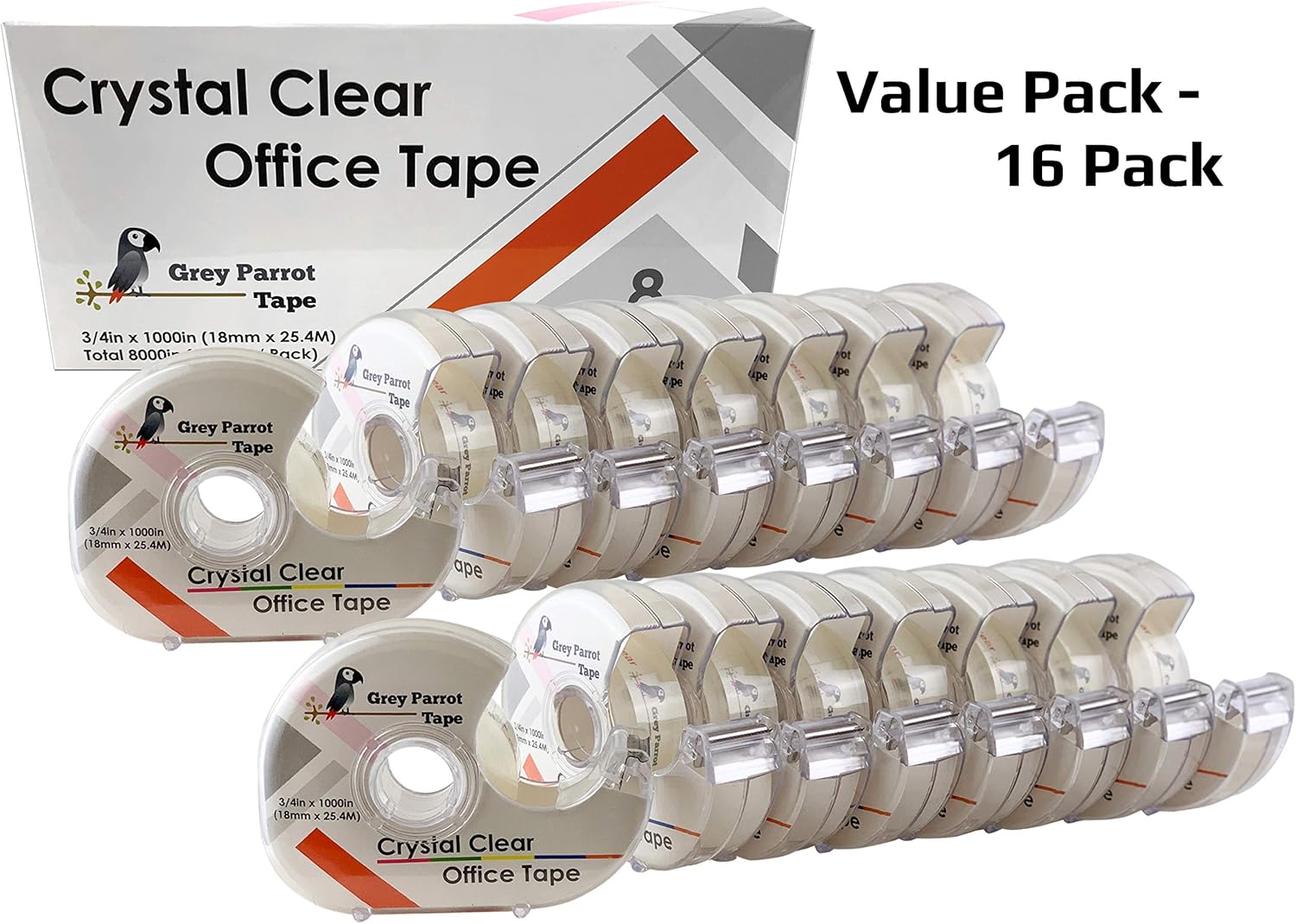 Greyparrot Office Tape Clear Refill Rolls + Dispenser(16 Pack),(3/4” X 1000in/pack). for Craft Jobs, Gift Wrapping, Office Work Clear(Transparent) Glossy Finish, Refillable (16000 inch/Total): Industrial & Scientific